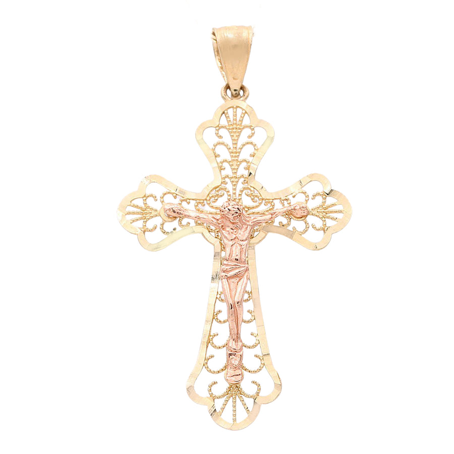 A Miral Jewelry 14k Yellow Gold Crucifix Pendant on a white background.