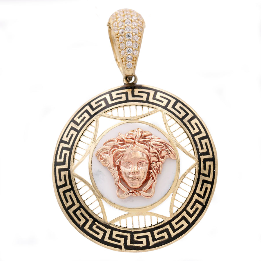 Two Toned Yellow And Rose Gold 14k Circle Greek Onyx Pendant With Cubic Zirconia