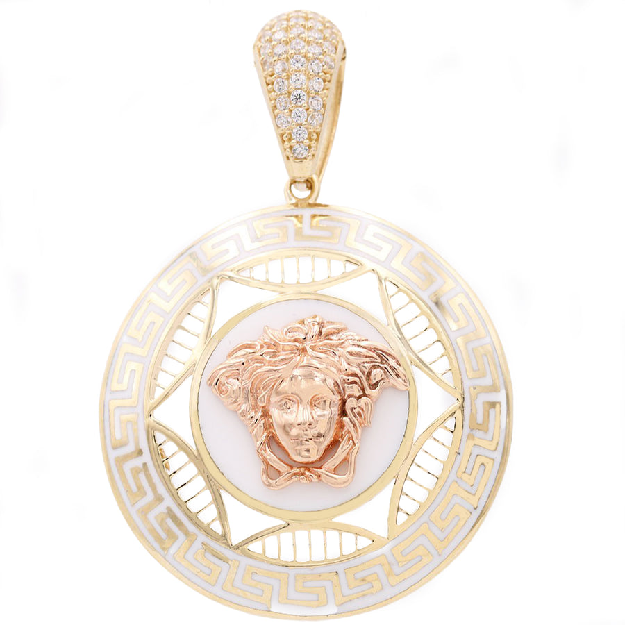 Two Toned Yellow And Rose Gold 14k Circle Greek Pendant With Cubic Zirconia