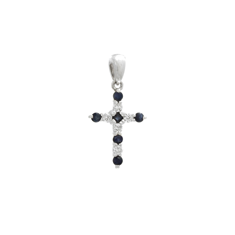 White 14 Karat Cross With 0.10Tw Round Diamonds And 0.15Tw Round Sapphires