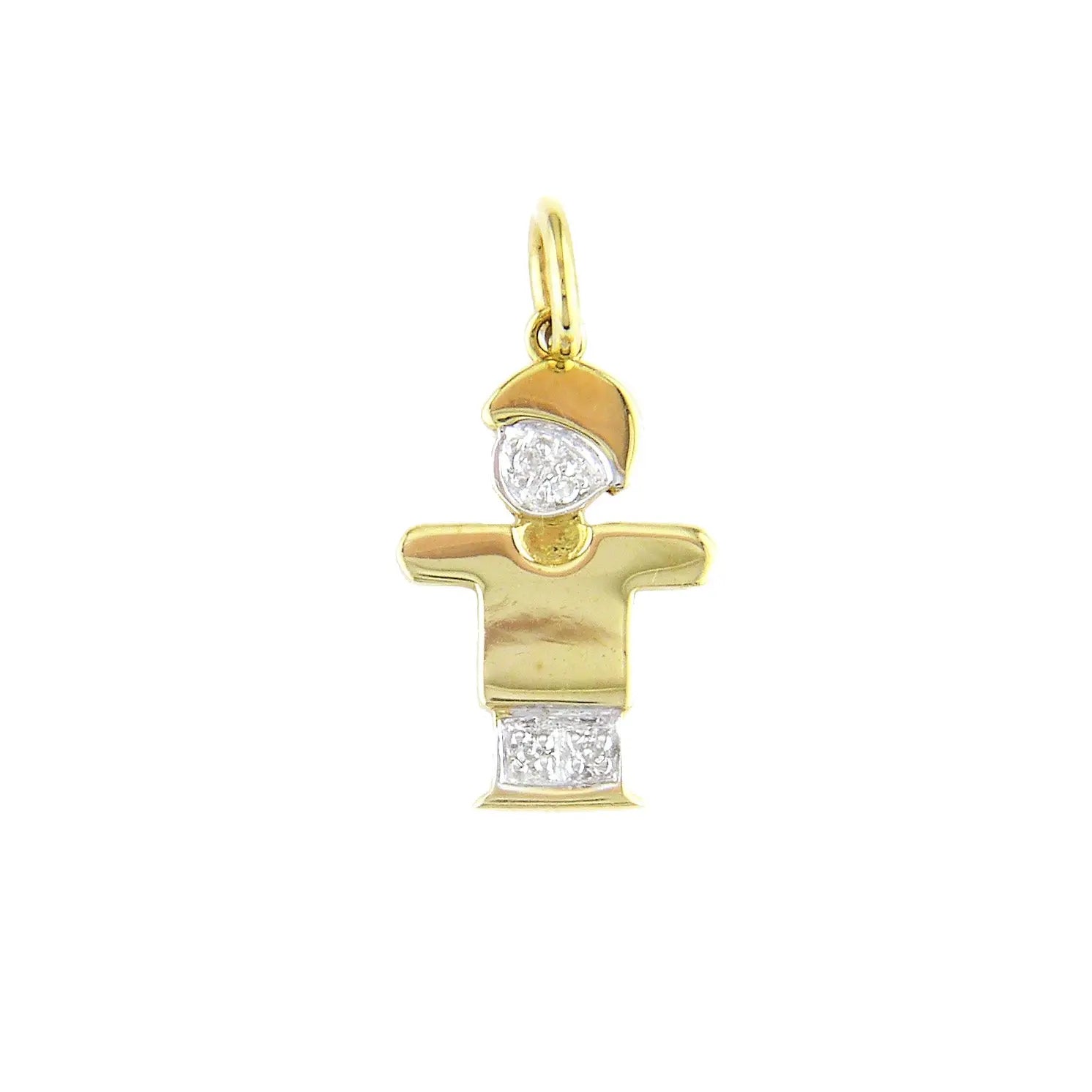A 14k Yellow Gold Boy Diamond Pendant With 0.02Tw Round Diamonds by Miral Jewelry, shaped like a stylized human figure, reminiscent of a boy wearing a cap.