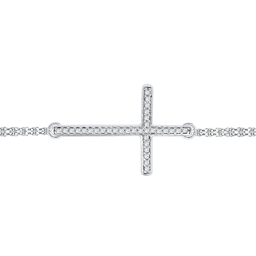 10k White Gold Round Diamond Sideways Cross Bracelet 1/10 Cttw