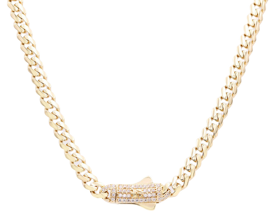 The Miral Jewelry Yellow Gold 14k Baby Monaco Necklace 18" is a stunning yellow gold chain adorned with sparkling diamonds.