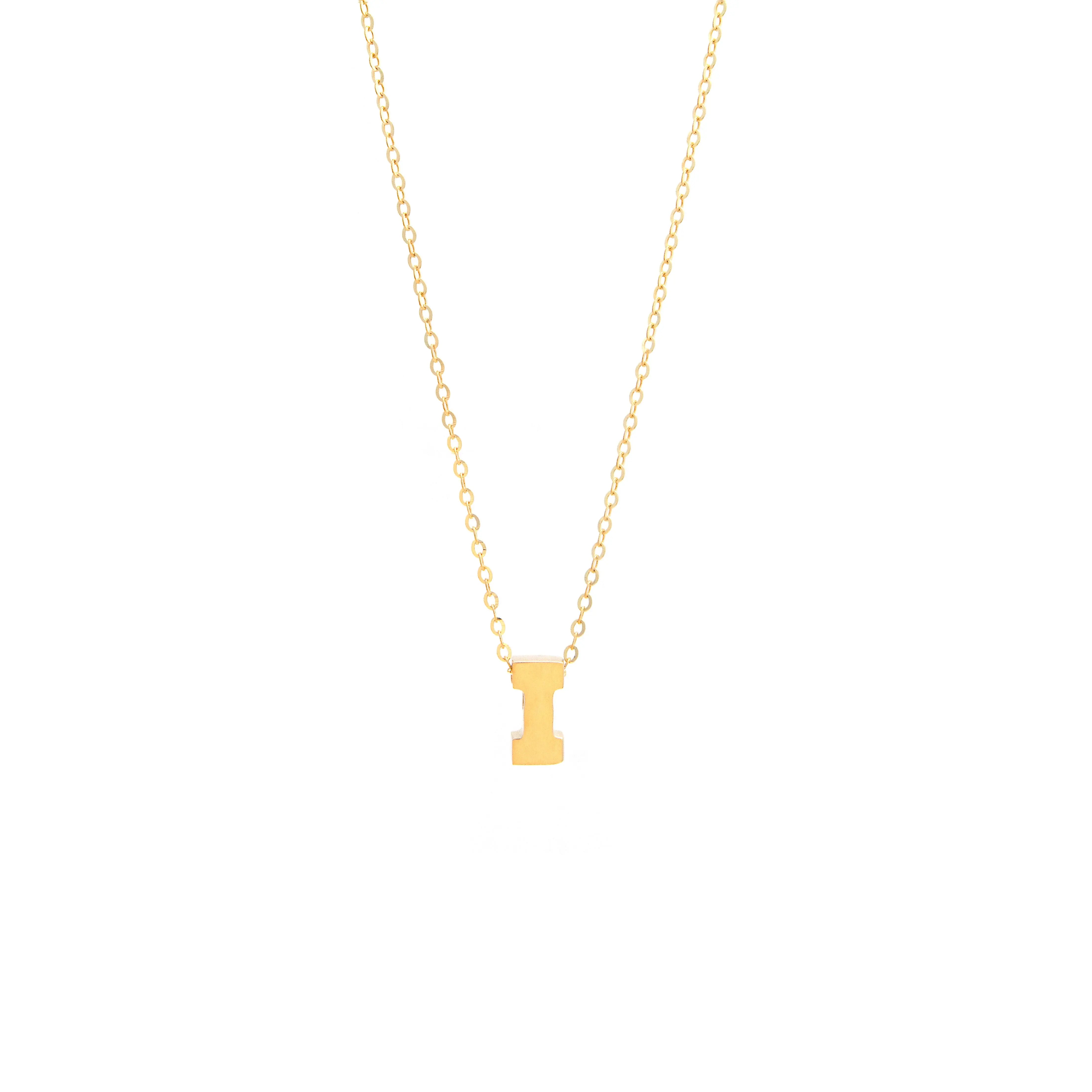 Miral Jewelry's Initial I in 14k Yellow Gold Necklace with a delicate gold chain on a white background.