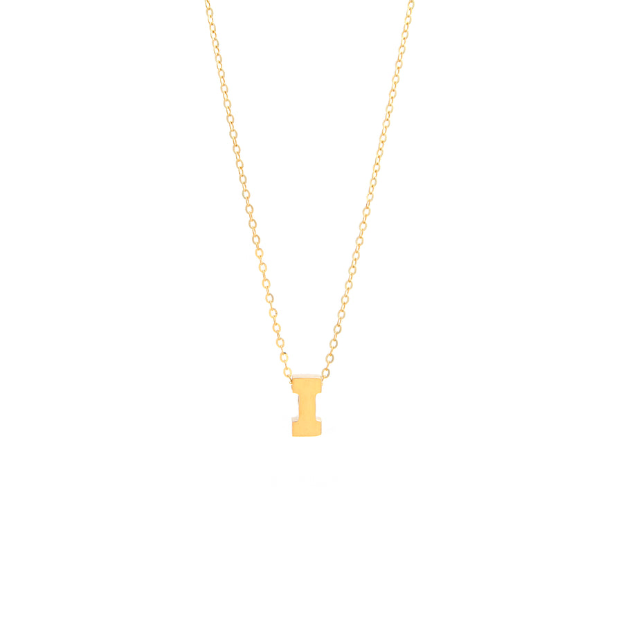 Miral Jewelry's Initial I in 14k Yellow Gold Necklace with a delicate gold chain on a white background.