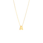 Miral Jewelry 14k yellow gold Initial A Necklace with a letter 'a' pendant on a white background.