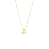 Miral Jewelry 14k yellow gold Initial A Necklace with a letter 'a' pendant on a white background.