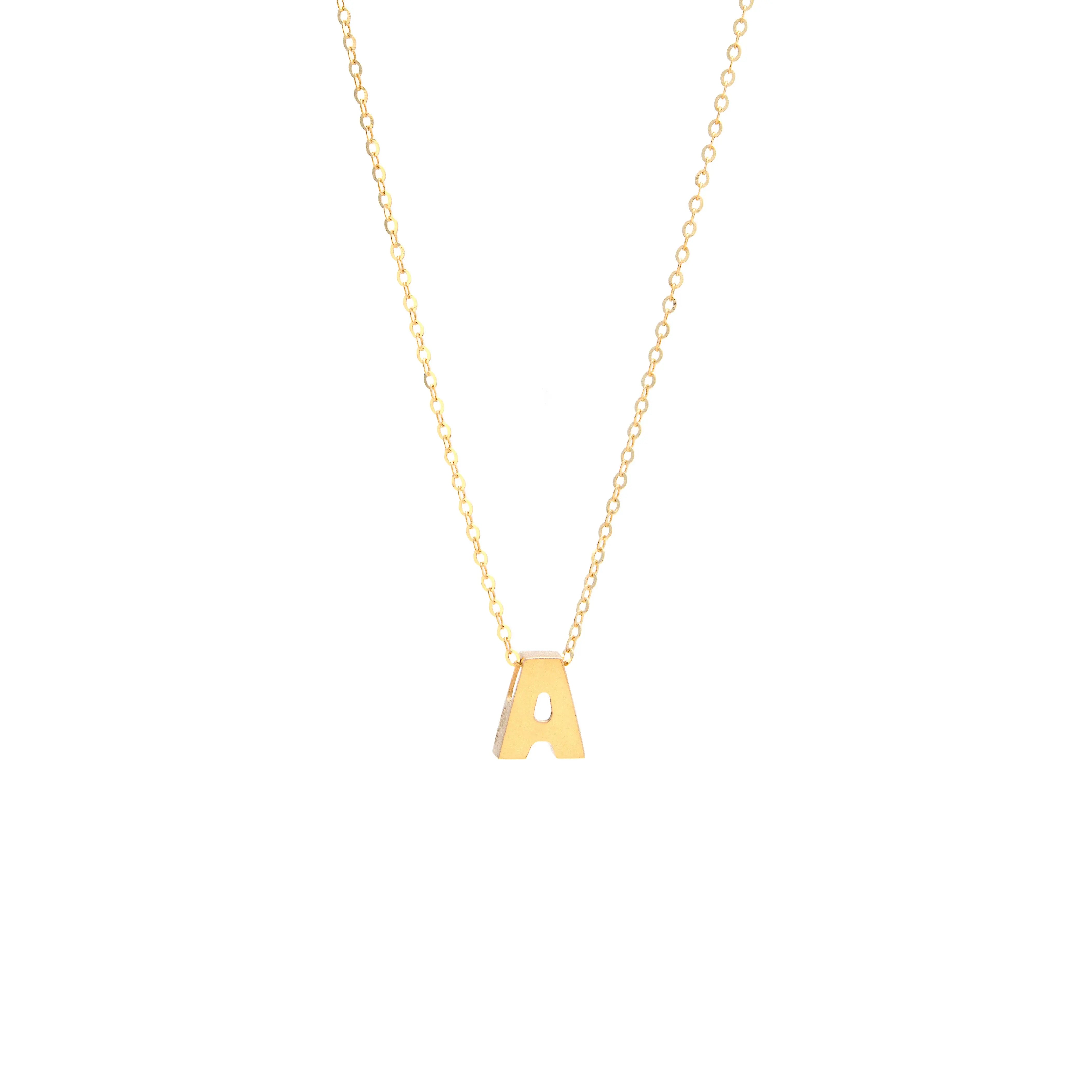 Miral Jewelry 14k yellow gold Initial A Necklace with a letter 'a' pendant on a white background.