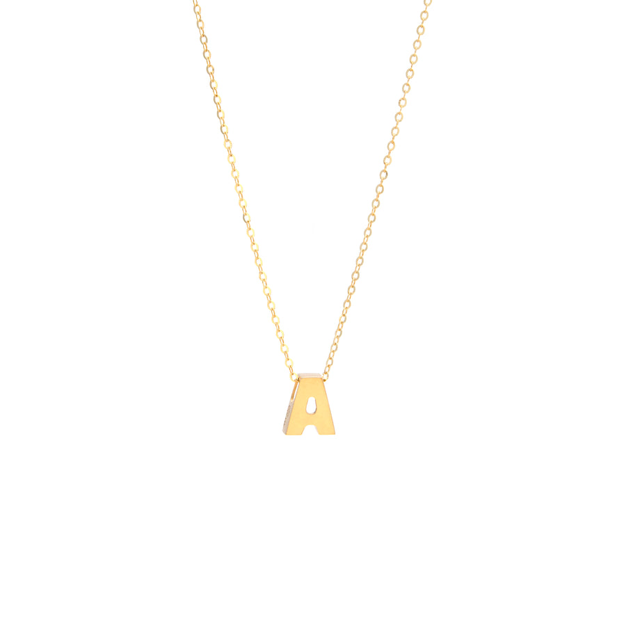 Miral Jewelry 14k yellow gold Initial A Necklace with a letter 'a' pendant on a white background.