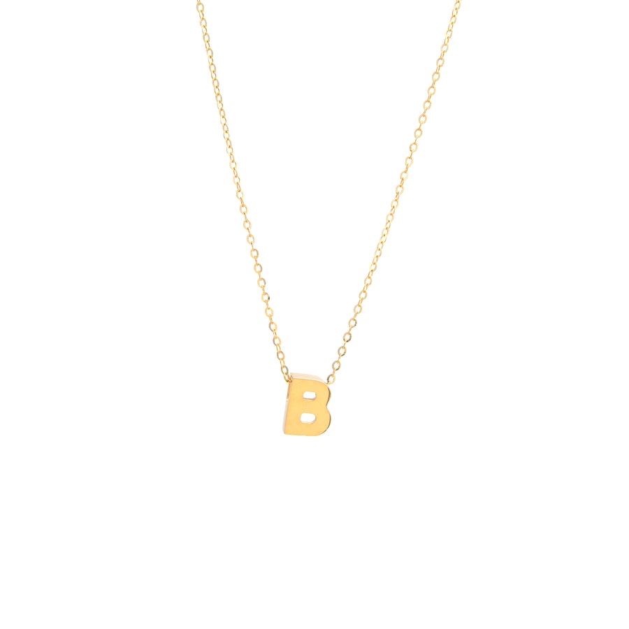 14K Yellow Gold Miral Jewelry Initial 'B' pendant necklace on a white background.