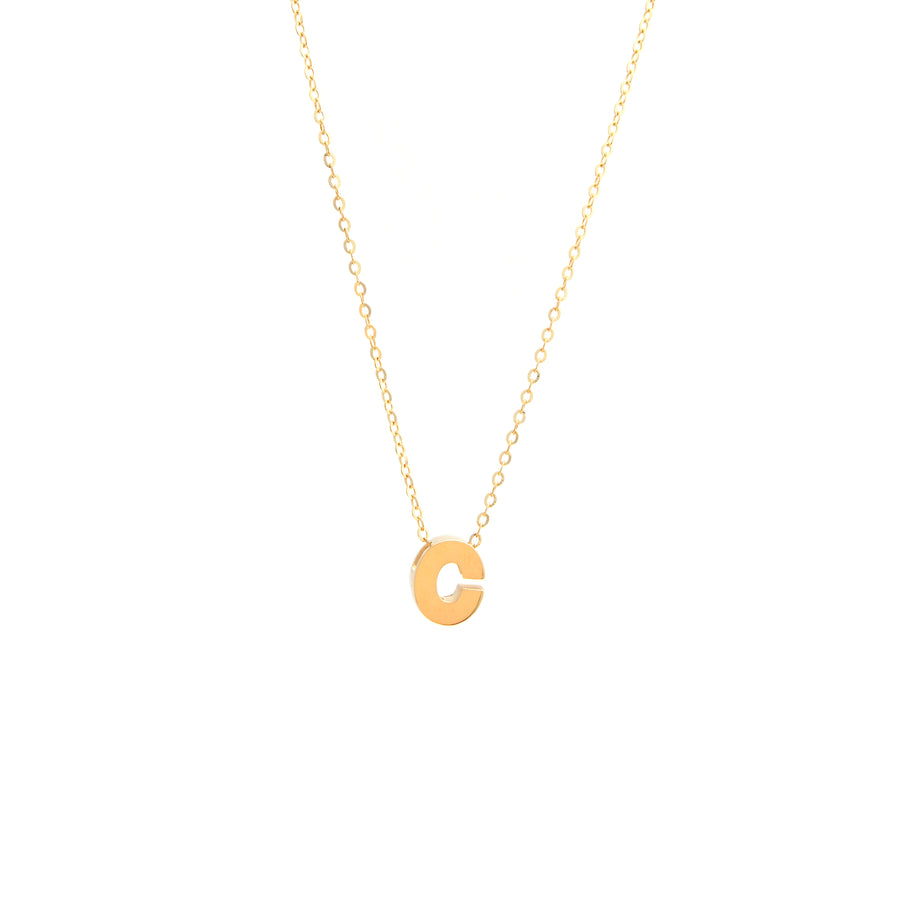 Initial C in 14k Yellow Gold Necklace from Miral Jewelry on a white background.