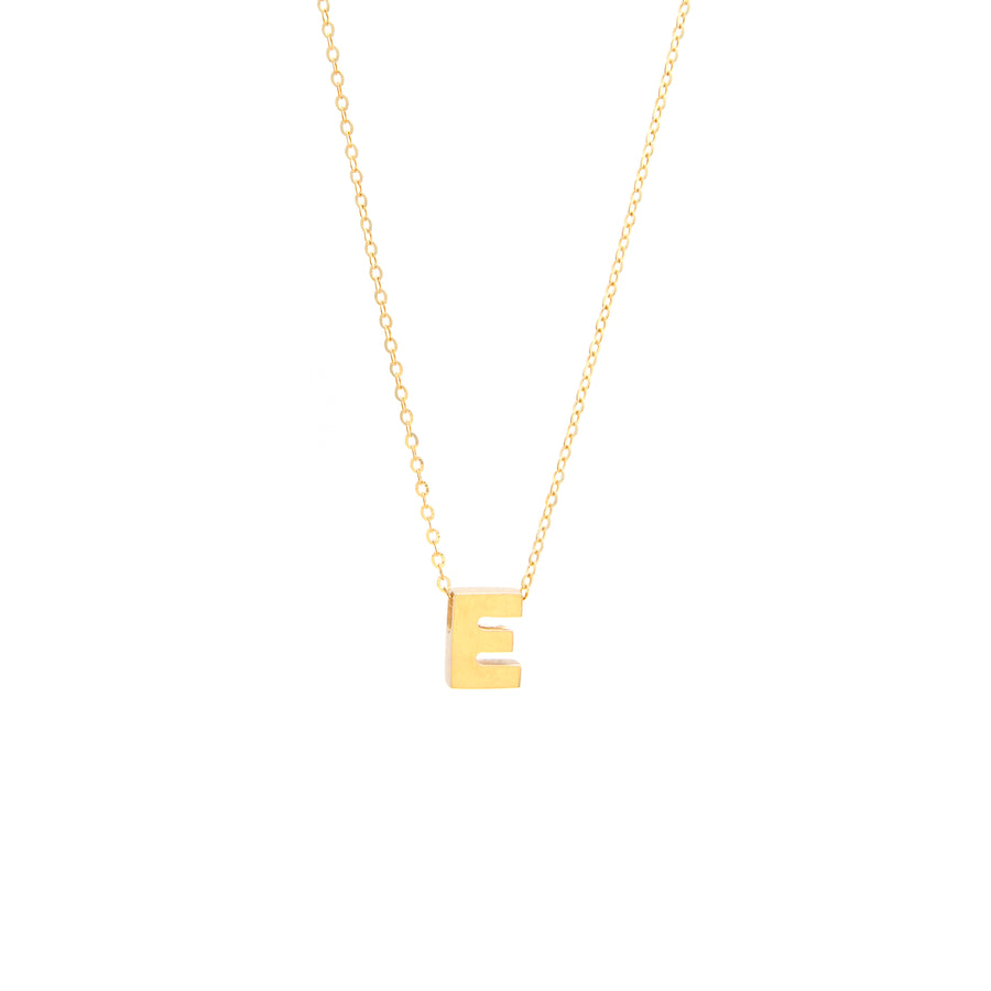Miral Jewelry Initial E in 14k Yellow Gold Necklace with a pendant on a white background.