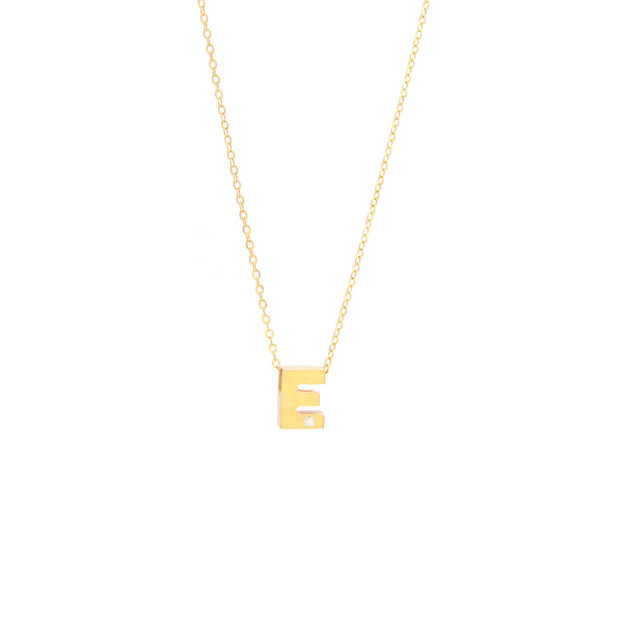 Miral Jewelry's Initial E in 14k Yellow Gold and Diamond Necklace on a white background.