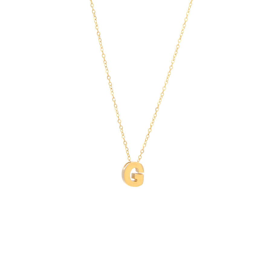14k Yellow Gold Miral Jewelry Initial G Pendant Necklace on a White Background.