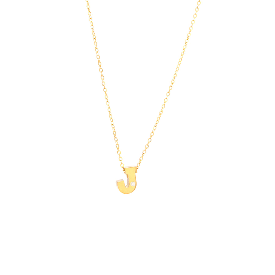 Miral Jewelry Initial J in 14k Yellow Gold and Diamond Necklace with Pendant on a white background.