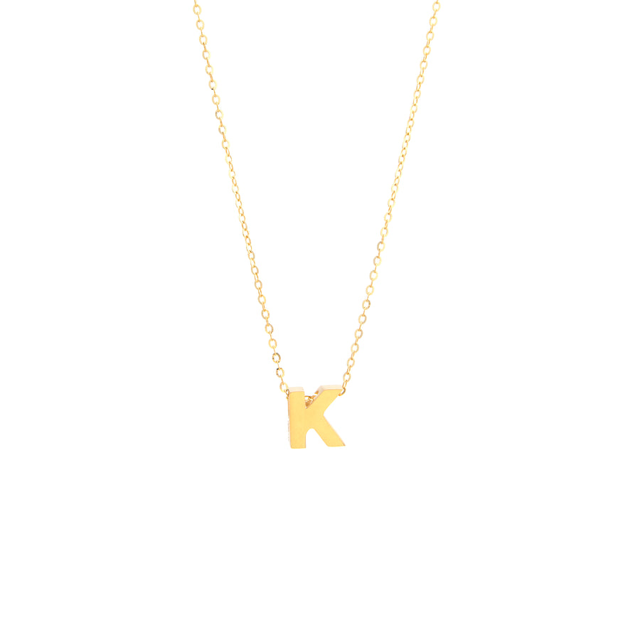 Initial K in 14k Yellow Gold Necklace with letter 'k' pendant on a white background by Miral Jewelry.