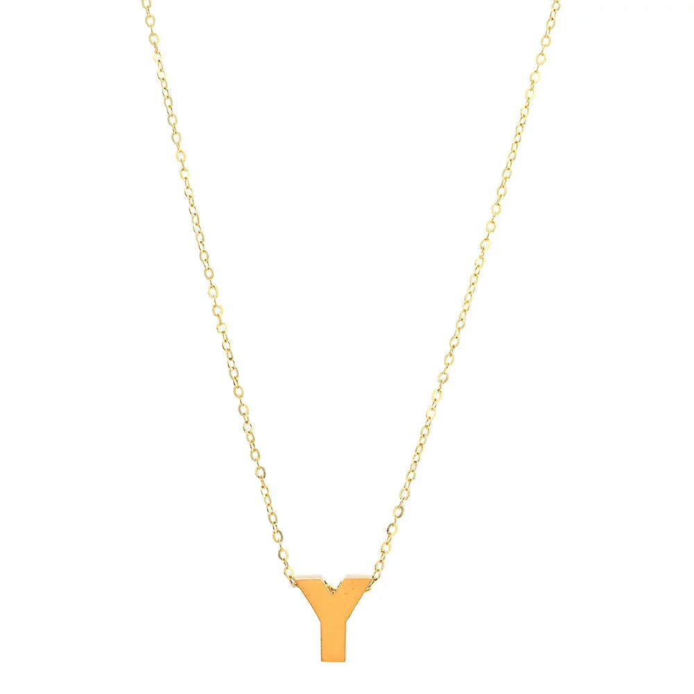 14k Yellow Gold Initial Y pendant from Miral Jewelry on a chain necklace against a white background.