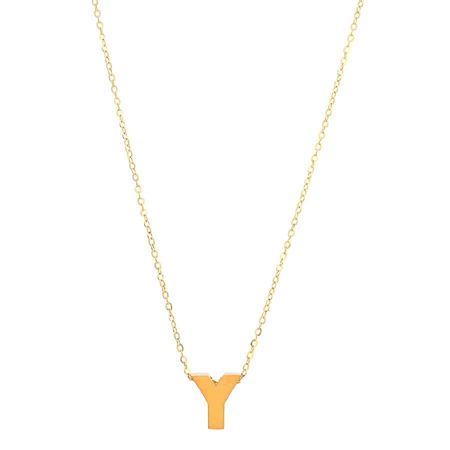 14k Yellow Gold Initial Y pendant from Miral Jewelry on a chain necklace against a white background.