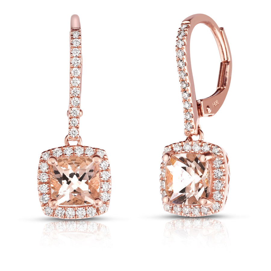 Rose Gold 14k Drop Earrings With 0.36Tw Round Diamonds And 1.66Tw Square Cushion Morganites