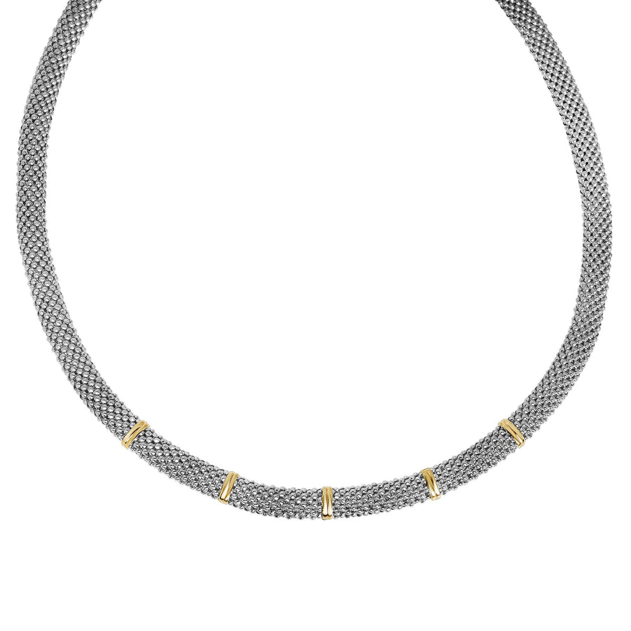 Collar plano de palomitas de maíz de 8 mm con rodio de 17 "de oro amarillo de 18 quilates + plata con cierre de anillo