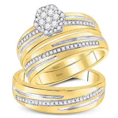 Two gold rings are shown, each set with a series of small diamonds. One ring features a floral diamond cluster design on top, crafted in 10k yellow gold, embodying the beauty of a Round Diamond Cluster Matching Wedding Set 3/8 Ctw by Miral Jewelry.
