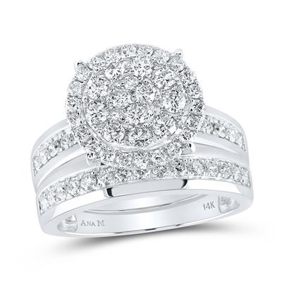 A Miral Jewelry Round Diamond Cluster Matching Wedding Ring Set 1-7/8 Cttw adorned with round cut diamonds.
