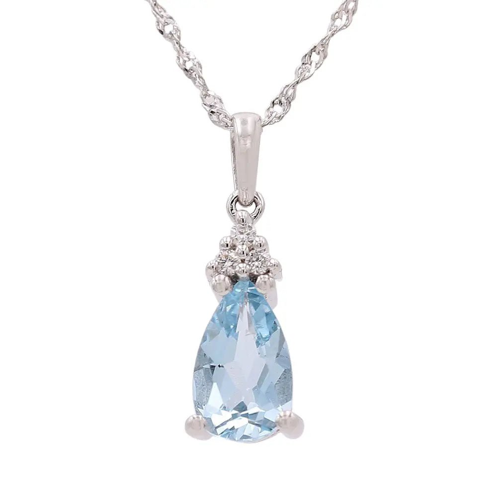 14K White Gold Pear Aquamarine & Diamond Pendant Necklace 18in