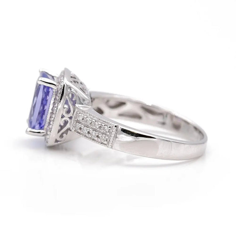 Fashion Ring with 0.25 Tw Round Diamonds and Rectangular Cushion Tanzanite - Miral Jewelry