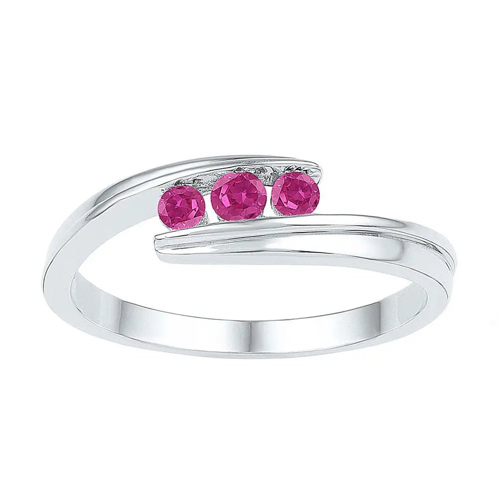 Sterling Silver Women's Round Lab - Created Pink Sapphire 3 - stone Ring - Miral Jewelry