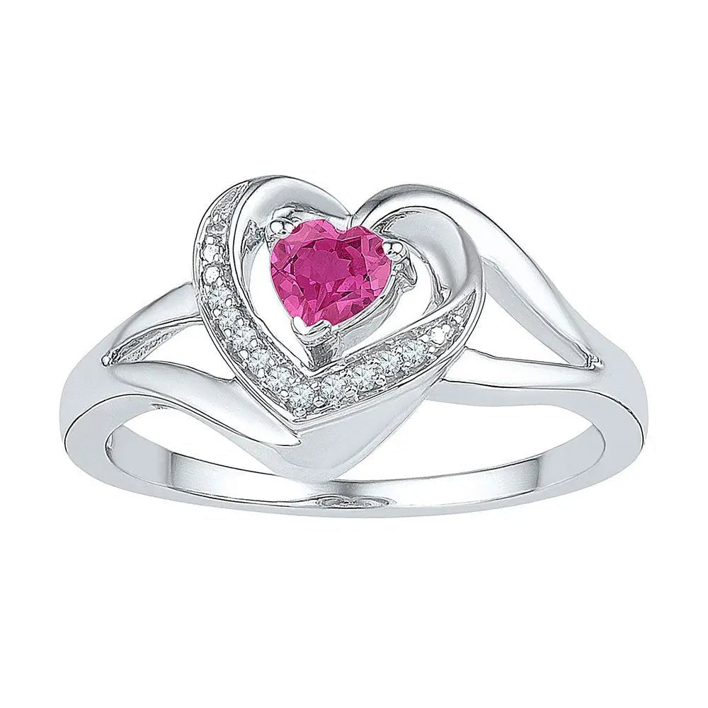 Sterling Silver Women's Round Lab - Created Pink Sapphire Diamond Heart Ring - Miral Jewelry