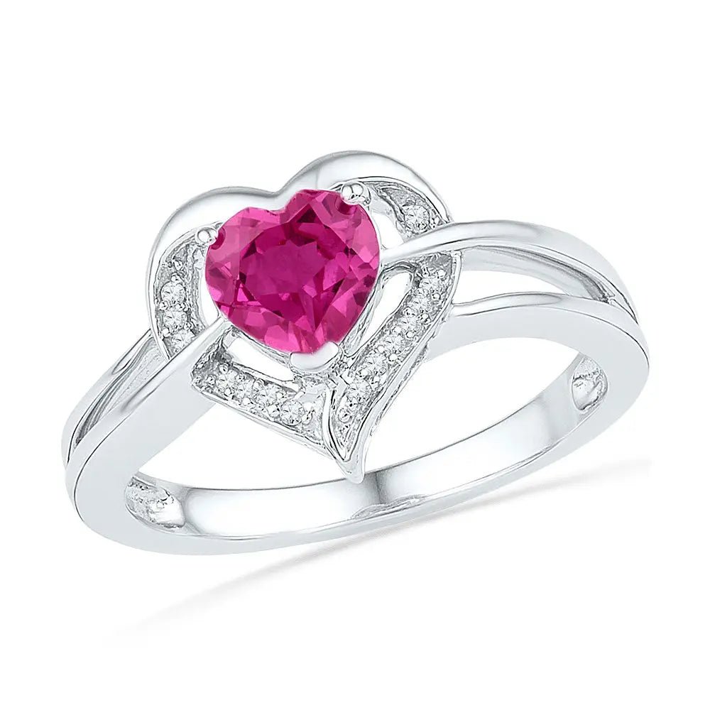 Sterling Silver Womens Round Lab - Created Pink Sapphire Heart Diamond Ring - Miral Jewelry