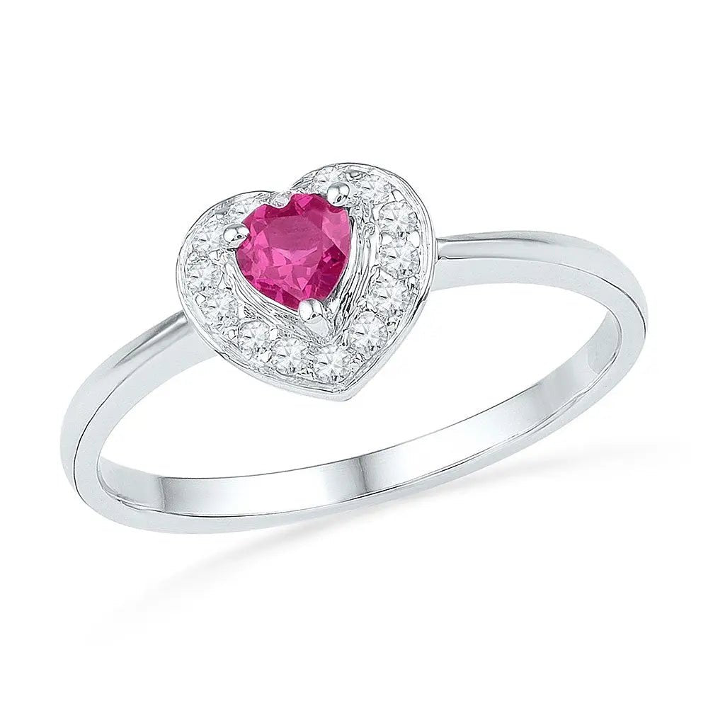 Sterling Silver Women's Round Lab - Created Pink Sapphire Heart Diamond Ring - Miral Jewelry