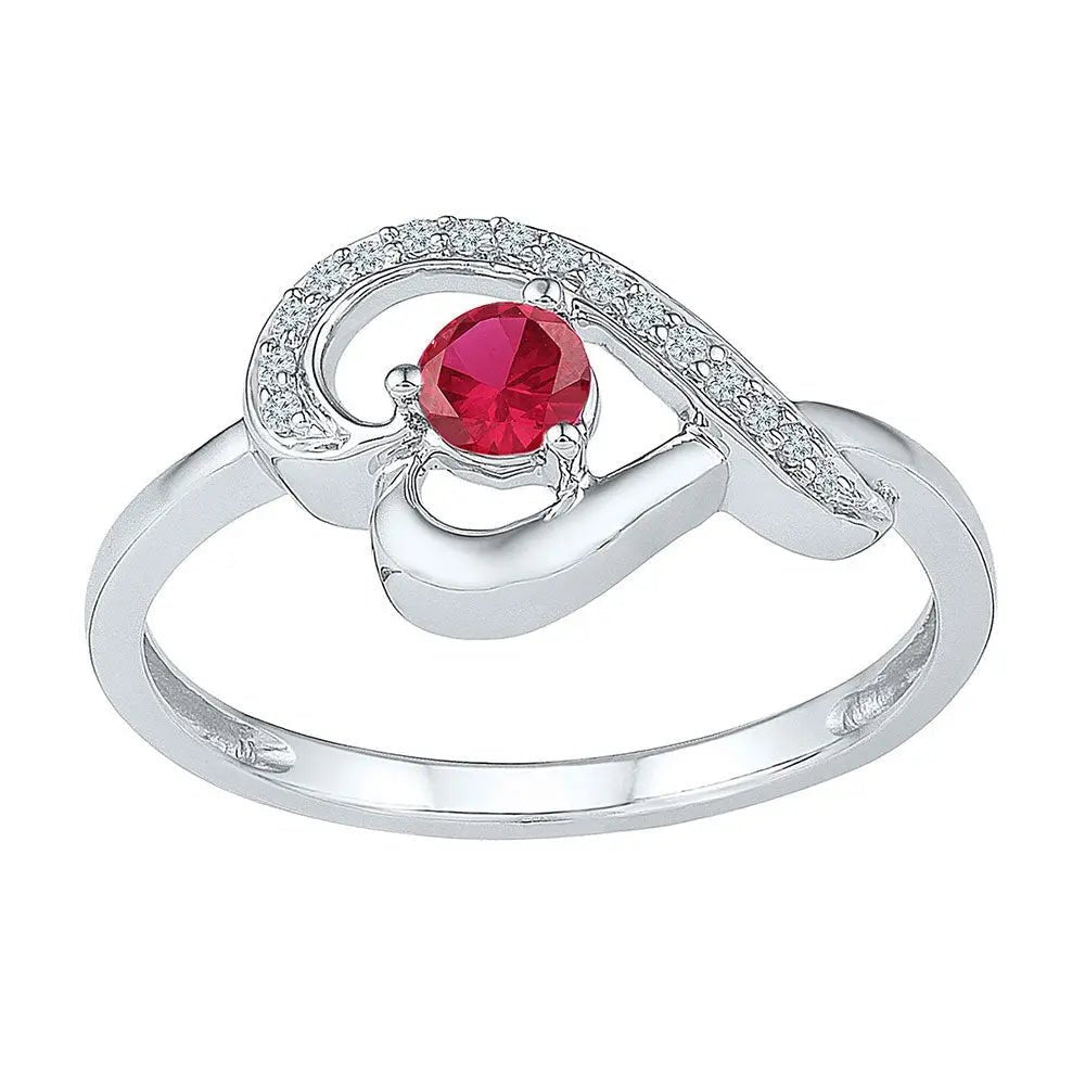 Sterling Silver Women's Round Lab - Created Ruby Diamond Heart Ring - Miral Jewelry