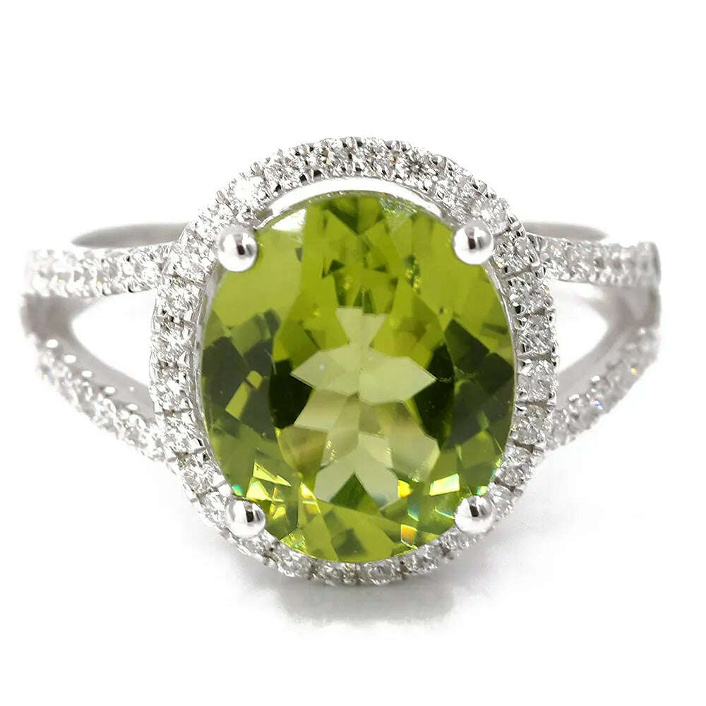 White 14 Karat Fashion Ring Size 7 With 0.45Tw Round Diamonds And 4.88Tw Oval Peridots - Miral Jewelry